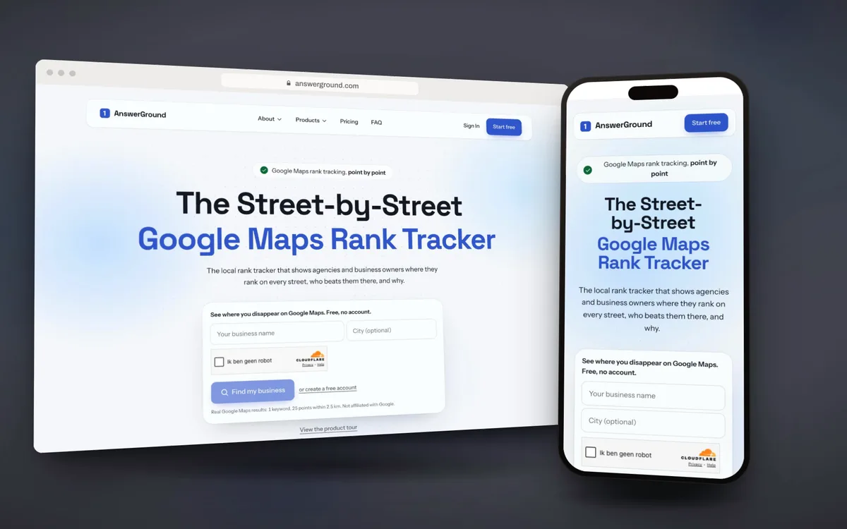 Short recording of answerground.com on laptop and phone: the homepage and the rank map from the product tour