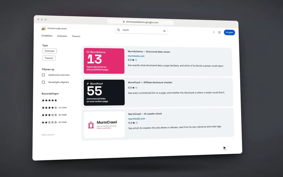 Short recording of the Chrome Web Store with MurmSchema, MurmProof and MurmCrawl